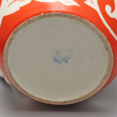 Большой винтажный доливной чайник с бело-оранжевым цветочным декором, автор росписи Леонов П. В., живопись, фарфор Дулево, 1937-41 гг.