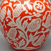 Большой винтажный доливной чайник с бело-оранжевым цветочным декором, автор росписи Леонов П. В., живопись, фарфор Дулево, 1937-41 гг.