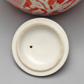 Большой винтажный доливной чайник с бело-оранжевым цветочным декором, автор росписи Леонов П. В., живопись, фарфор Дулево, 1937-41 гг.