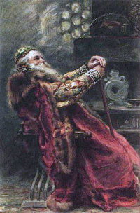 Огромная настенная декоративная тарелка в русском стиле «Боярин» по сюжету картины Маковского К. Е., дерево, Россия, 19 в.