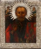 Икона «Святой Николай Чудотворец», Россия, к. 18 в., оклад (серебряная басма) 19 в.