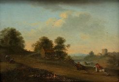 Живописная картина пейзаж «Всадники», масло, Европа, нач. 19 века