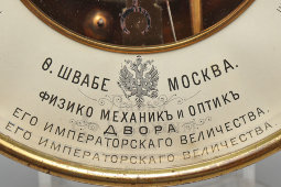 Старинный настенный барометр-анероид, погодник, латунь, стекло, фирма Ф. Швабе, Москва, кон. 19, нач. 20 вв.