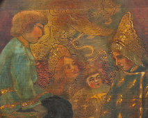 Огромная настенная декоративная тарелка в русском стиле «В гостях у сказки», дерево, Россия, 19 в.