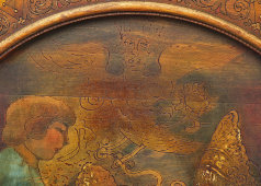 Огромная настенная декоративная тарелка в русском стиле «В гостях у сказки», дерево, Россия, 19 в.