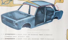 Учебный плакат «Замена крыши» из серии «Ремонт кузовов и кабин легковых автомобилей», худ. Семечкин Е. В., изд-во «Высшая школа», Одесса, 1990 г.