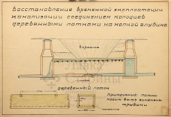 Схема восстановления временной эксплуатации канализации соединением колодцев деревянными лотками на мелкой глубине, бумага, СССР, 1950-60 гг.