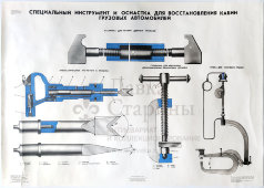 Учебный плакат «Специальный инструмент и оснастка для восстановления кабин грузовых автомобилей», худ. Семечкин Е. В., изд-во «Высшая школа», Одесса, 1990 г.