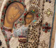 Старинная икона Казанской Богоматери в бисерном окладе, Поволжье, нач. 20 в.