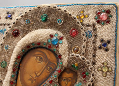 Старинная икона Казанской Богоматери в бисерном окладе, Поволжье, нач. 20 в.