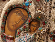 Старинная икона Казанской Богоматери в бисерном окладе, Поволжье, нач. 20 в.