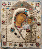 Старинная икона Казанской Богоматери в бисерном окладе, Поволжье, нач. 20 в.