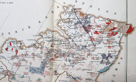 Старинная карта Уральской и Тургайской областей с указанием участков проживания и хозяйственной деятельности, бумага, Россия, 1912 г.