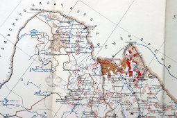 Старинная карта Уральской и Тургайской областей с указанием участков проживания и хозяйственной деятельности, бумага, Россия, 1912 г.