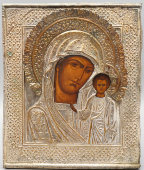 Антикварная икона Божией Матери «Богородица Казанская», дерево, оклад, Россия, 19 в.