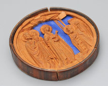 Старинная деревянная резная икона «Явление Пресвятой Богородицы Сергию Радонежскому», Россия, 19 в.