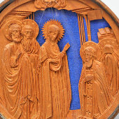 Старинная деревянная резная икона «Явление Пресвятой Богородицы Сергию Радонежскому», Россия, 19 в.