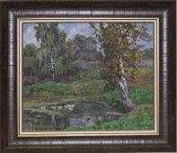 Картина пейзаж «Березы у пруда», бумага, масло, советская живопись