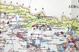 Старинная карта Акмолинской области с указанием участков проживания и хозяйственной деятельности, бумага, Россия, 1912 г.
