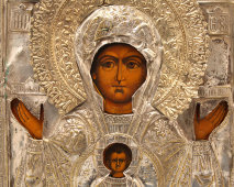 Икона Божией Матери в латунном окладе «Знамение», Россия, нач. 20 в.