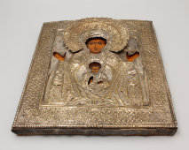 Икона Божией Матери в латунном окладе «Знамение», Россия, нач. 20 в.