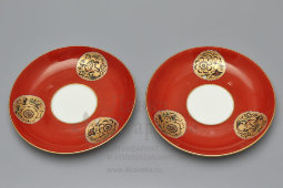 Советский чайный сервиз тет-а-тет с медальонами под хохлому, фарфор, ЛФЗ, 1930-35 гг.