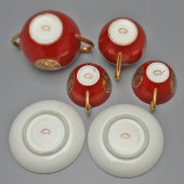 Советский чайный сервиз тет-а-тет с медальонами под хохлому, фарфор, ЛФЗ, 1930-35 гг.