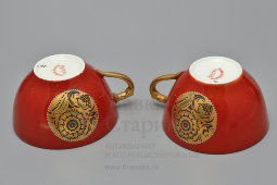 Советский чайный сервиз тет-а-тет с медальонами под хохлому, фарфор, ЛФЗ, 1930-35 гг.