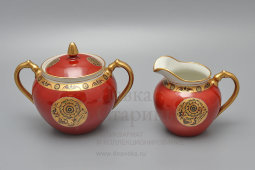 Советский чайный сервиз тет-а-тет с медальонами под хохлому, фарфор, ЛФЗ, 1930-35 гг.