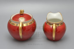 Советский чайный сервиз тет-а-тет с медальонами под хохлому, фарфор, ЛФЗ, 1930-35 гг.