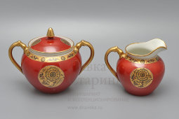 Советский чайный сервиз тет-а-тет с медальонами под хохлому, фарфор, ЛФЗ, 1930-35 гг.