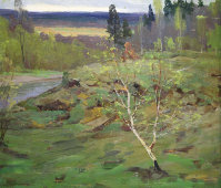 Картина «Лесной пейзаж», художник Т. Шулепов, фанера, масло, 1960-е