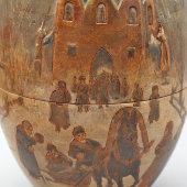 Антикварное пасхальное яйцо-шкатулка в русском стиле «Пасхальные гулянья», дерево, роспись, Россия, кон. 19, нач. 20 вв.