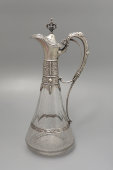 Антикварный стеклянный кувшин для вина с ручкой и крышкой из серебра, 800 проба, Германия, кон. 19 в.