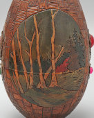 Антикварное пасхальное яйцо-шкатулка в русском стиле «Лесной пейзаж», дерево, роспись, инкрустация, Россия, кон. 19, нач. 20 вв.