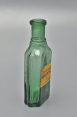 Старинный флакон из-под лекарства, бутылек с этикеткой «Горчичный спирт», стекло, Россия, до 1917 г.