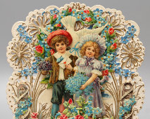 Старинная объемная открытка «Поздравляю! Дети с цветами», бумага, Россия до 1917 г.