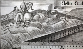 Старинная гравюра «Монастырь Этталь», Германия, 1700-е