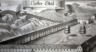 Старинная гравюра «Монастырь Этталь», Германия, 1700-е