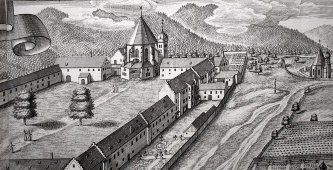 Старинная гравюра «Монастырь Этталь», Германия, 1700-е