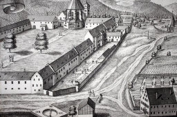 Старинная гравюра «Монастырь Этталь», Германия, 1700-е