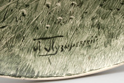 Большая декоративная тарелка «Речной пейзаж», дореволюционный фаянс, Россия, к. 19, н. 20 вв.