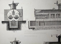 Старинная гравюра «Паровые котлы»