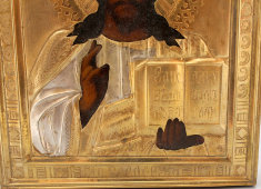 Старинная икона «Спас Вседержитель», позолоченный латунный окладе, Москва