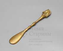 Винтажный рожок для обуви с ручкой в виде головы лошади в уздечке, латунь, Европа, сер. 20 в.