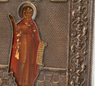 Старинная икона в серебряном окладе «Святой Мученик Вонифатий», 84 проба, Москва, 1854 год