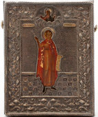 Старинная икона в серебряном окладе «Святой Мученик Вонифатий», 84 проба, Москва, 1854 год