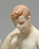 Авторская скульптура «Игра в шашки», скульптор Малышева Н. А., монограмма автора на донышке, Дулево, 1980-е