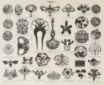 Старинная гравюра «Украшения: броши, пряжки», Большая энциклопедия, Россия, к. 19, н. 20 вв.