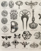 Старинная гравюра «Украшения: броши, пряжки», Большая энциклопедия, Россия, к. 19, н. 20 вв.